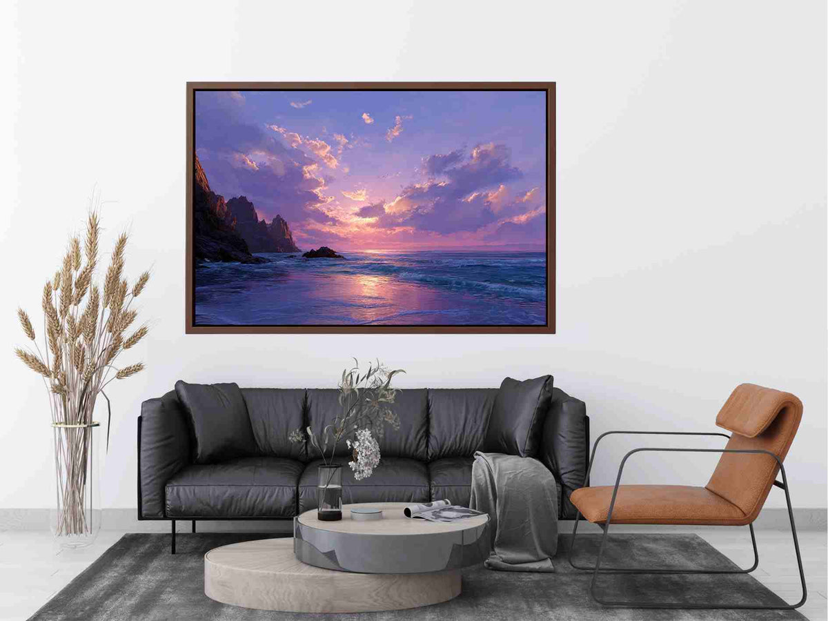 Dreamy purple coastal sunset seascape canvas art for peaceful bedroom decor.