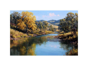 Warm countryside river landscape canvas art for rustic living room decor.