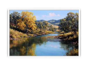 Warm countryside river landscape canvas art for rustic living room decor.