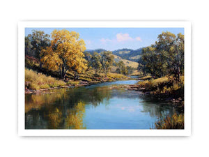 Warm countryside river landscape canvas art for rustic living room decor.