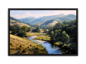 Sunlit river valley landscape canvas art for calm modern rustic living room decor.