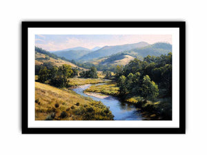 Sunlit river valley landscape canvas art for calm modern rustic living room decor.