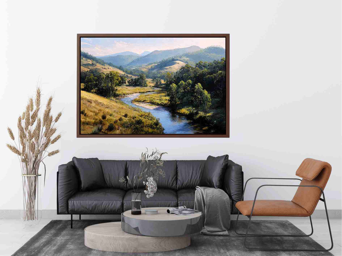 Sunlit river valley landscape canvas art for calm modern rustic living room decor.