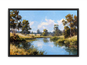 Peaceful eucalypt river landscape canvas art for fresh living room decor.
