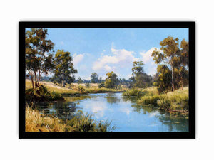 Peaceful eucalypt river landscape canvas art for fresh living room decor.