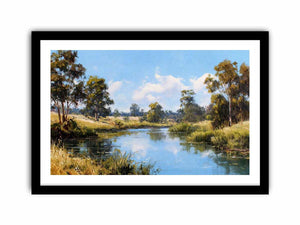 Peaceful eucalypt river landscape canvas art for fresh living room decor.