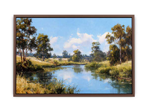 Peaceful eucalypt river landscape canvas art for fresh living room decor.