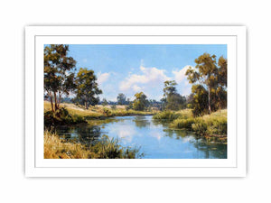 Peaceful eucalypt river landscape canvas art for fresh living room decor.