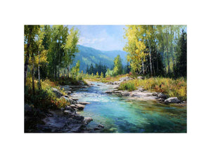 Clear forest stream landscape canvas art with green water for modern office decor.