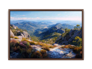Expansive mountain valley landscape canvas art for wide modern living room wall.