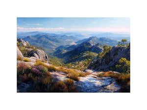 Expansive mountain valley landscape canvas art for wide modern living room wall.