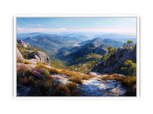 Expansive mountain valley landscape canvas art for wide modern living room wall.