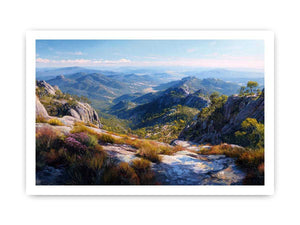 Expansive mountain valley landscape canvas art for wide modern living room wall.