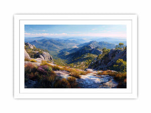 Expansive mountain valley landscape canvas art for wide modern living room wall.