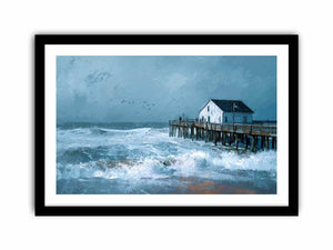 Moody coastal pier seascape canvas art with blue-gray waves for modern beach house decor.