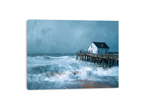 Moody coastal pier seascape canvas art with blue-gray waves for modern beach house decor.