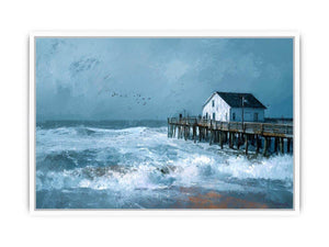 Moody coastal pier seascape canvas art with blue-gray waves for modern beach house decor.