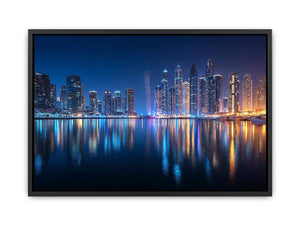 Luxury night city skyline canvas art with marina reflections for modern living room decor.