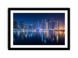 Luxury night city skyline canvas art with marina reflections for modern living room decor.