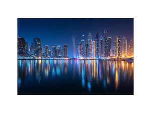 Luxury night city skyline canvas art with marina reflections for modern living room decor.