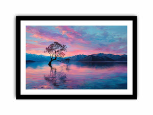 Serene lake tree canvas art with pink sky and mountain reflections for calming bedroom decor.