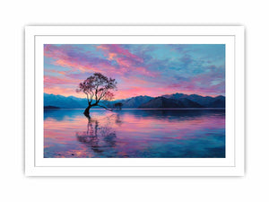 Serene lake tree canvas art with pink sky and mountain reflections for calming bedroom decor.