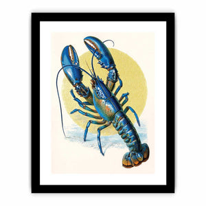 Vintage blue lobster illustration canvas art for coastal kitchen or dining room decor.