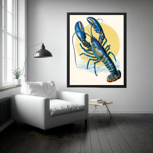 Vintage blue lobster illustration canvas art for coastal kitchen or dining room decor.