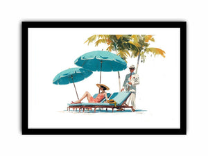 Vintage resort canvas art with turquoise umbrellas and elegant figures for coastal bedroom decor.