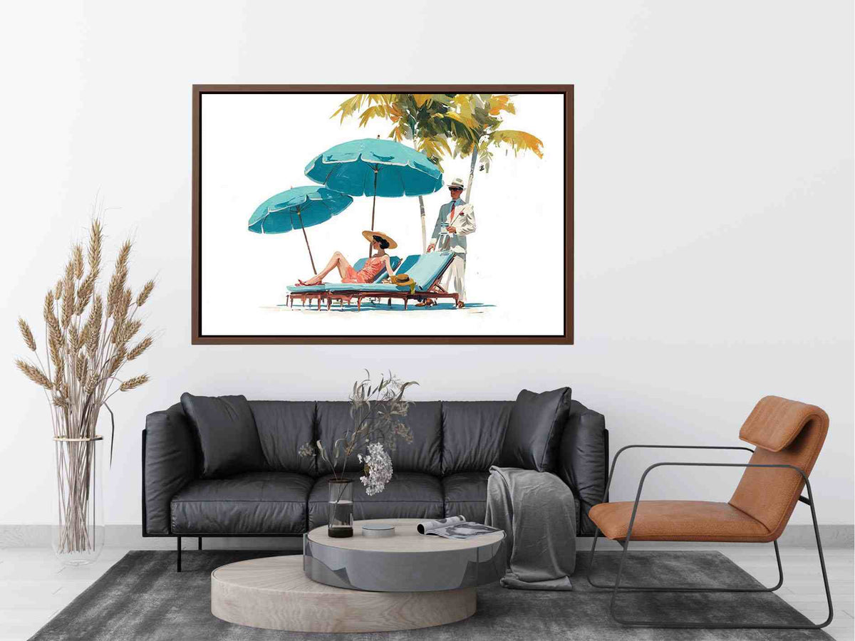 Vintage resort canvas art with turquoise umbrellas and elegant figures for coastal bedroom decor.