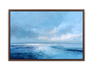 Soft blue abstract seascape canvas art for calm coastal bedroom or living room decor.