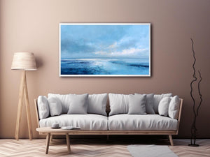 Soft blue abstract seascape canvas art for calm coastal bedroom or living room decor.