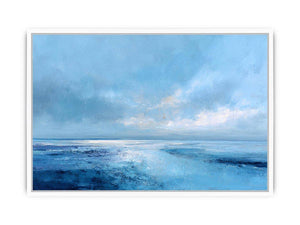 Soft blue abstract seascape canvas art for calm coastal bedroom or living room decor.