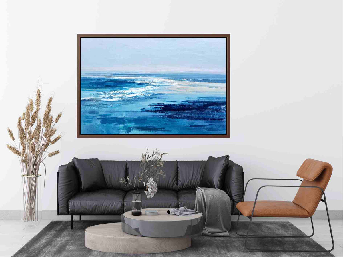 Minimal blue abstract ocean canvas art for modern living room or coastal bedroom decor.