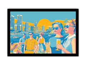 Retro pop art waterfront scene with stylish figures and city skyline for vibrant living room decor.