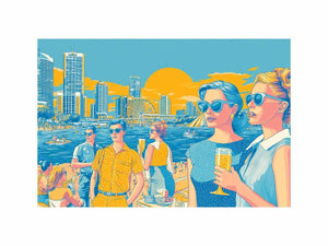 Retro pop art waterfront scene with stylish figures and city skyline for vibrant living room decor.