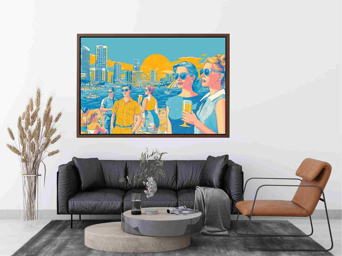 Retro pop art waterfront scene with stylish figures and city skyline for vibrant living room decor.