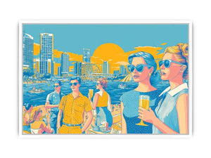 Retro pop art waterfront scene with stylish figures and city skyline for vibrant living room decor.