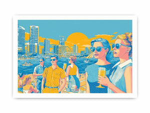 Retro pop art waterfront scene with stylish figures and city skyline for vibrant living room decor.
