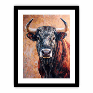 Expressive bull canvas art with textured rustic style for living room or office decor.