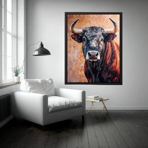 Expressive bull canvas art with textured rustic style for living room or office decor.