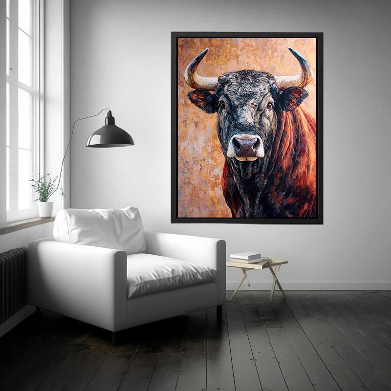 Expressive bull canvas art with textured rustic style for living room or office decor.