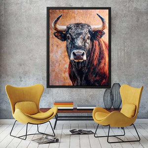 Expressive bull canvas art with textured rustic style for living room or office decor.