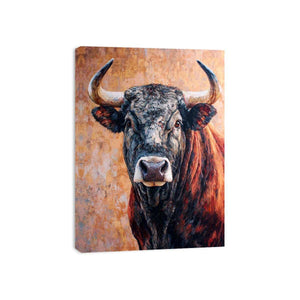 Expressive bull canvas art with textured rustic style for living room or office decor.