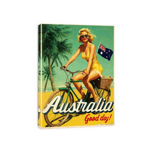 Vintage coastal bicycle artwork with tropical beach style for bright living room decor.