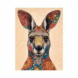 Decorative kangaroo artwork with colorful botanical patterns for modern living room decor.