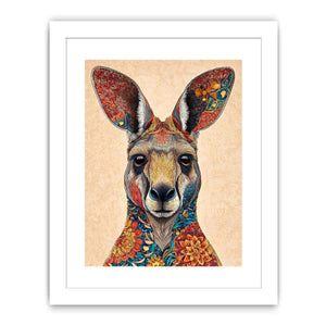 Decorative kangaroo artwork with colorful botanical patterns for modern living room decor.