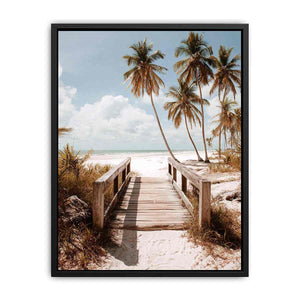 Coastal beach photography with palm trees and boardwalk for serene bedroom decor.