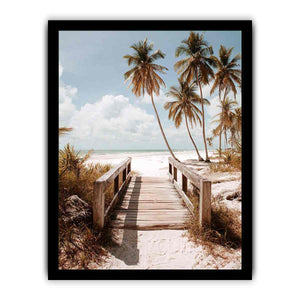 Coastal beach photography with palm trees and boardwalk for serene bedroom decor.
