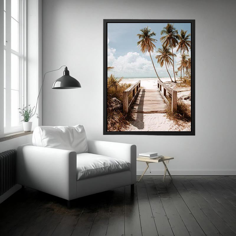 Coastal beach photography with palm trees and boardwalk for serene bedroom decor.